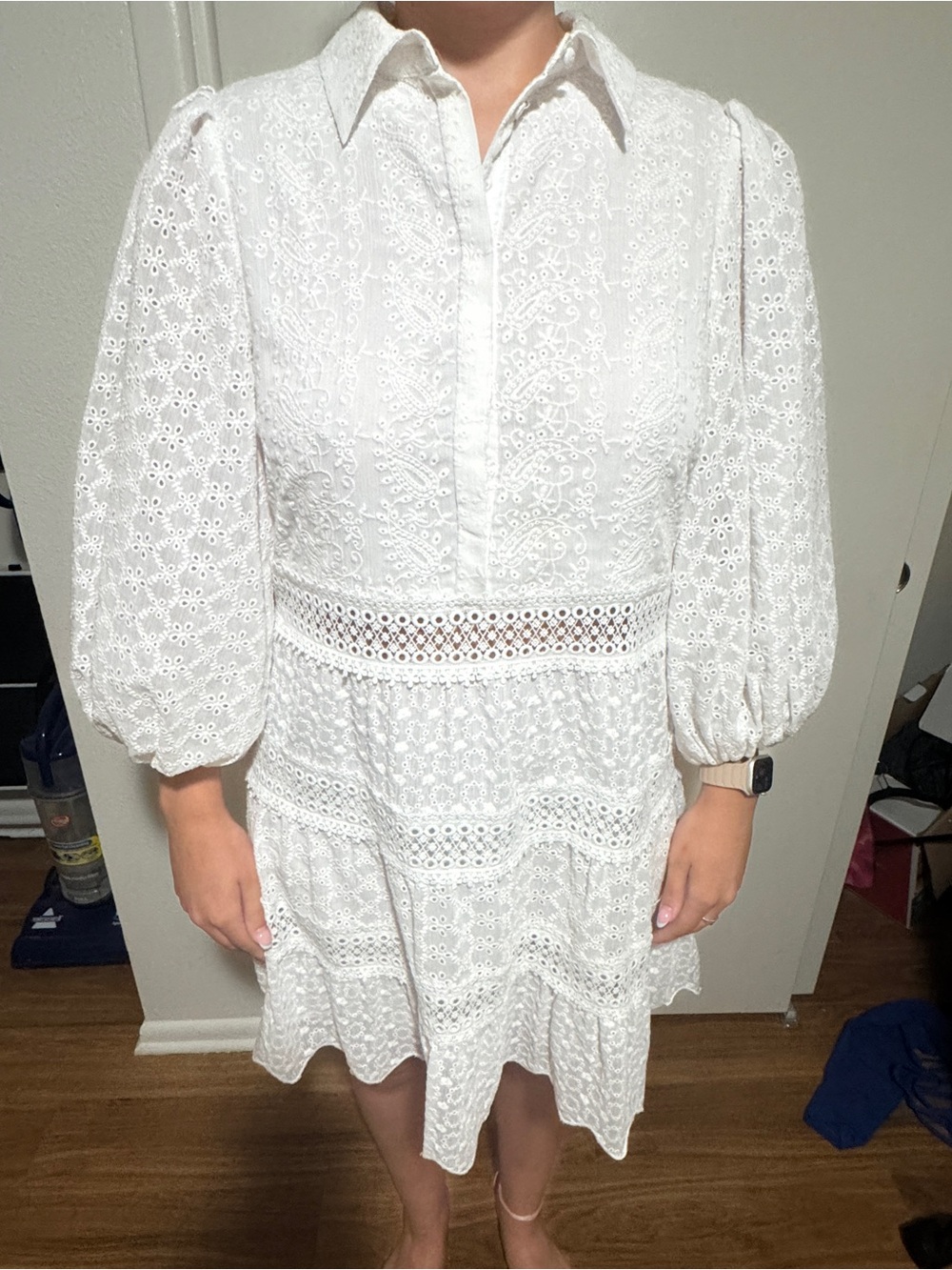 Alice + Olivia White Eyelet Lace Tiered Collared Dress